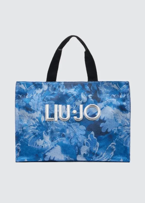 Borsa tote in denim stampato blu