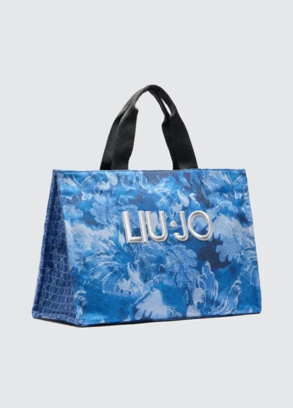 Borsa tote in denim stampato blu