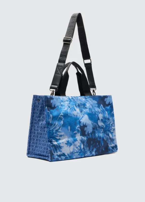 Borsa tote in denim stampato blu