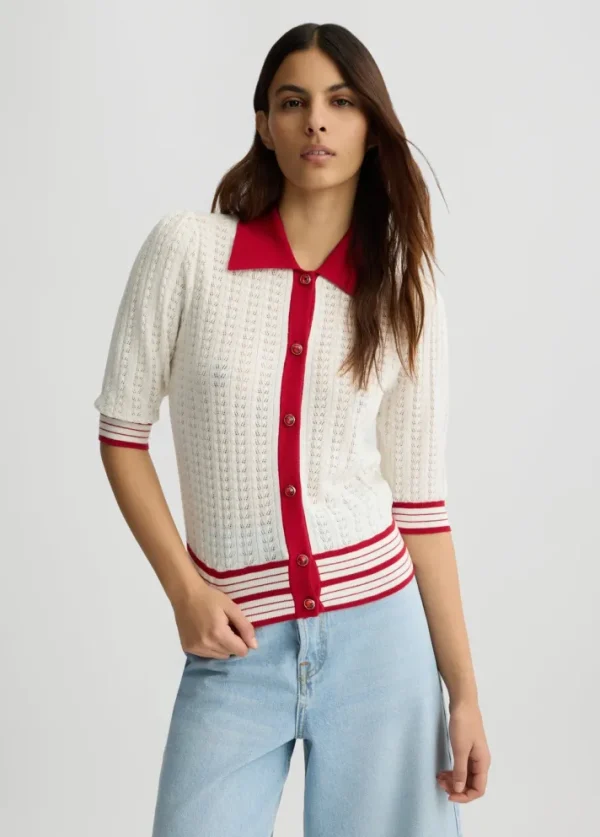 Cardigan bianco e rosso in maglia