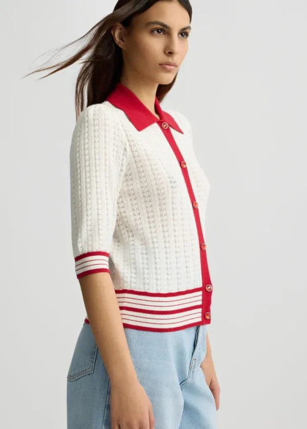 Cardigan bianco e rosso in maglia