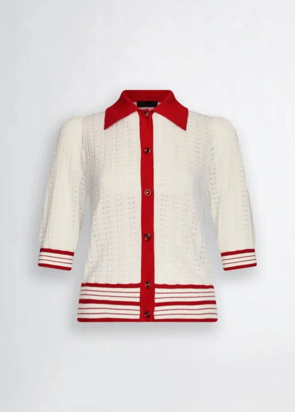 Cardigan bianco e rosso in maglia